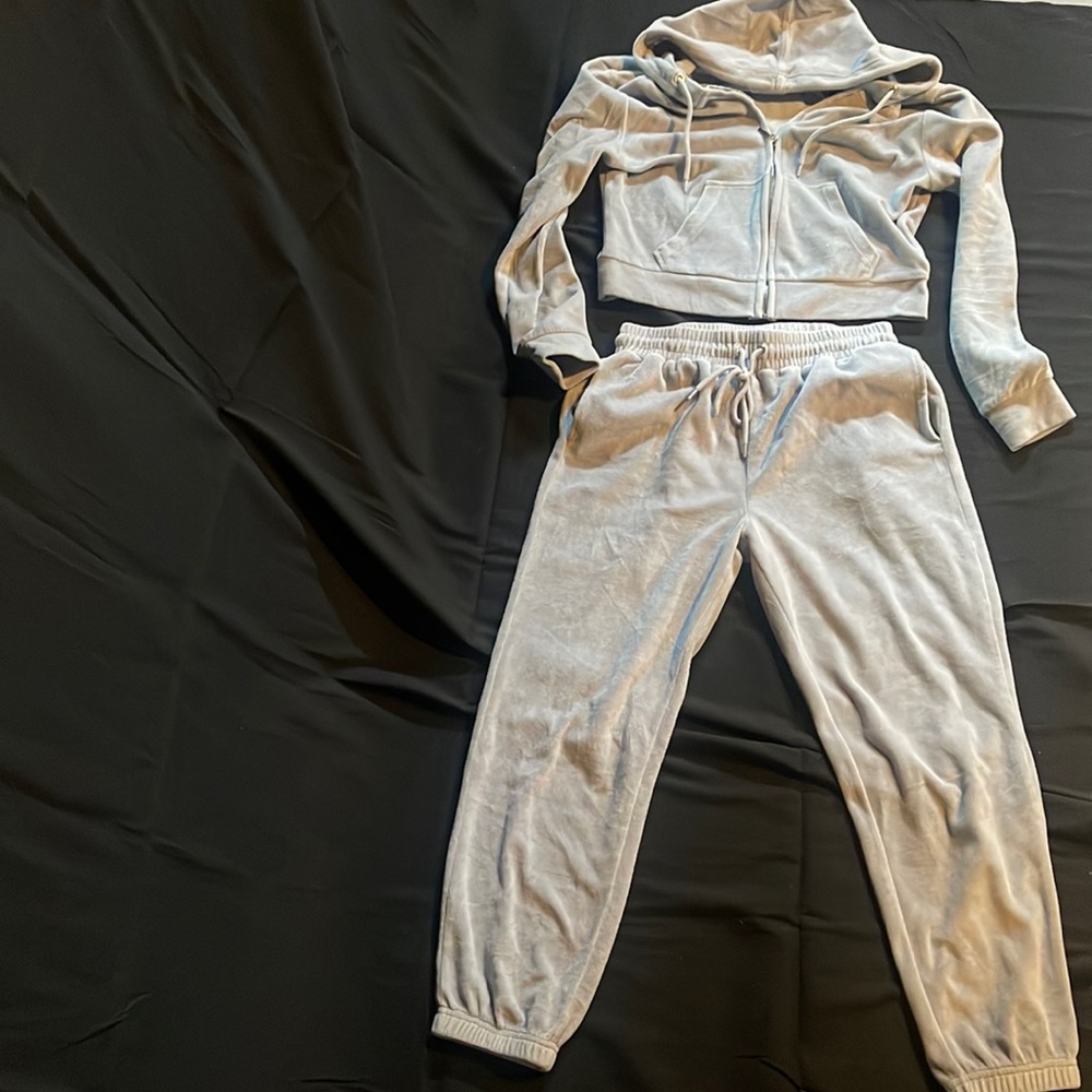 Baby blue velour track suit jogger set